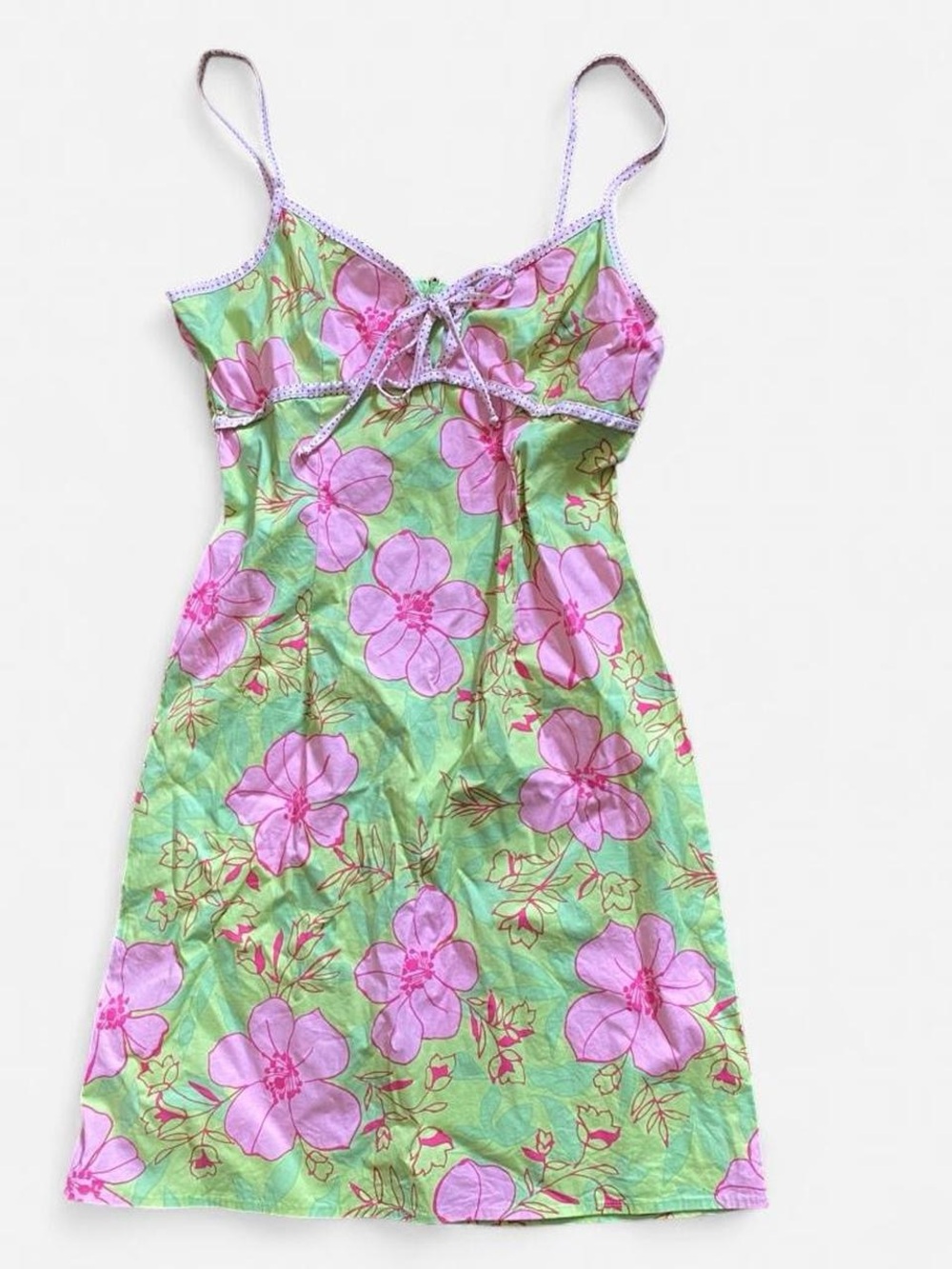 Vintage Y2K Deadstock Sfuzi Pink Green Floral Babydoll Dress Size 9 Summer Beach